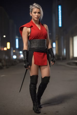 Potrait, a european female samurai ninja, gray hair, ponytail, scarf, cyberpunk armor, naked, low Ｖ-neck, red mesh clothes, without underwear, no pants, full body, combat status, in a battlefield, torn armor and clothing, set in modern city street, night, epicdetailed, ultrasharp, style,flash shot, horor scfi, bokeh ,FLASH PHOTOGRAPHY,FilmGirl,REAL GIRL beta,concept