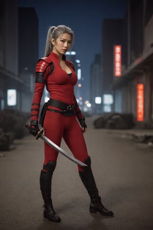 Potrait, a european female samurai ninja, long gray hair with scatf, ponytail, cyberpunk armor, naked, low Ｖ-neck, red mesh clothes, without underwear, no pants, full body, combat status, in a battlefield, torn armor and clothing, set in modern city street, night, epicdetailed, ultrasharp, style,flash shot, horor scfi, bokeh ,FLASH PHOTOGRAPHY,FilmGirl,REAL GIRL beta,concept