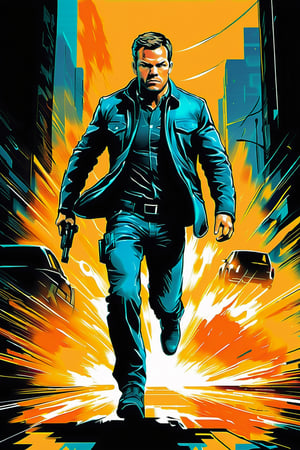 illustration of running agent jason bourne wear jeans plaid shirt,  two assassin chasing him, in a fierce gunfight, noir, marvel style, digital art,