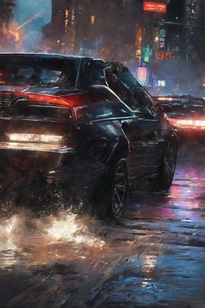 Highly detailed. John Wick Sitting in a DODGE CHARGER without doors, shooting from the driver's seat. in fierce combat, in new york city night, close up, Thomas Kinkade