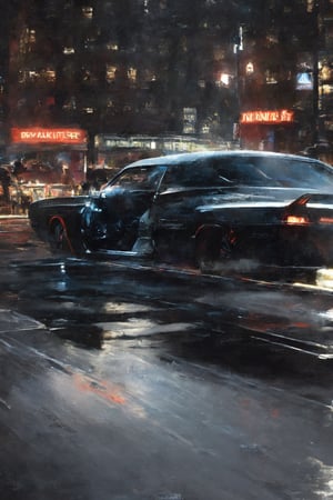 Highly detailed. John Wick Sitting in 2011 DODGE CHARGER without doors, shooting from the right driver's seat. close-up, in new york city night, close up, Thomas Kinkade