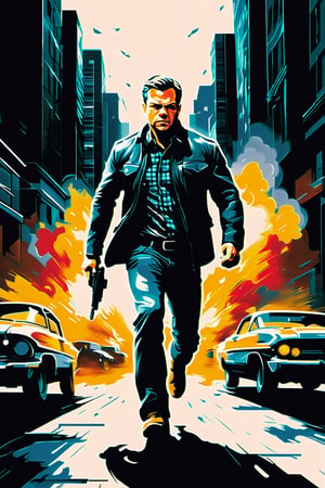 illustration of running agent jason bourne wear jeans plaid shirt,  assassin chasing him, in a fierce gunfight, noir, marvel style, digital art