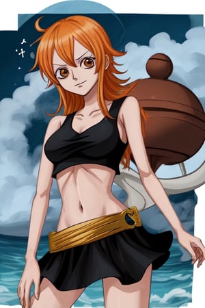 nami, karakter one piece, navigator, rambut coklat, payudara size f, croptop hitam, rok pendek hitam, kapal bajak laut, high quality, illustration