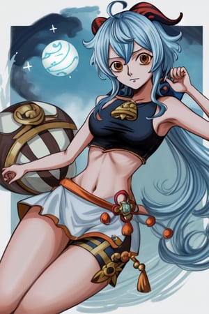 nami, karakter one piece, navigator, rambut coklat, payudara size f, croptop hitam, rok pendek hitam, kapal bajak laut, high quality, illustration,ganyu \(genshin impact\)