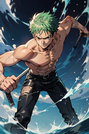 Roronoa zoro, karakter anime one piece, pendekar pedang, kapal bajak laut, illustration, high quality