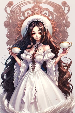 Woman, old 20th, hair long, hair black, brown eyes, dress white, cup size f, illustration, high quality