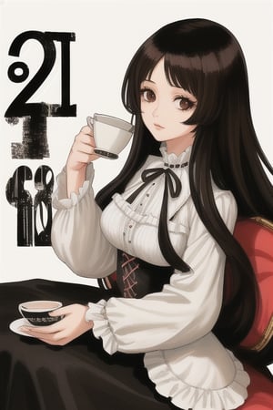 Woman, old 20th, hair long, hair black, brown eyes, dress white, cup size f, illustration, high quality