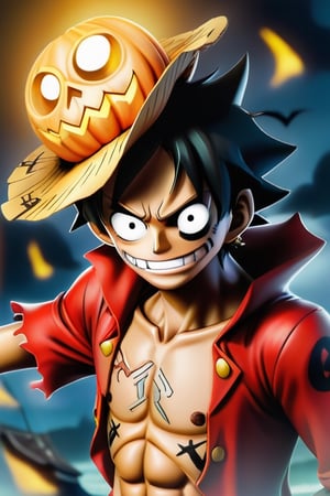 Monkey d luffy, karakter anime one piece, pendekar pedang, kapal bajak laut, illustration, high quality ,halloween