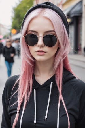 beautiful same girl with same pink hair, white skin, European features, thin and delicate mouth, thin and with large breasts, wearing a black hoodie with tied up hair and sunglasses on a busy street
