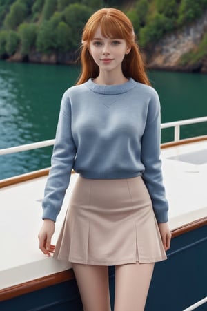 high aulity, masterpiece, 8k, realistic scene, european beautiful girl standing on the boat, sweater jacket, long skirt, 18 years old, bangs, small smile, long legs, knees, long (((ginger hair))), big_breasts, (((slim body, slim waist)))