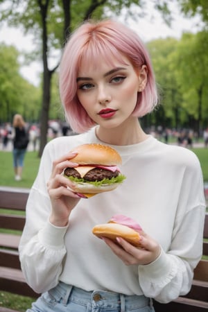 beautiful girl with short pink hair, white skin, European features, thin and delicate mouth, thin and with large breasts, wearing casual clothes in a park eating a hamburguer
