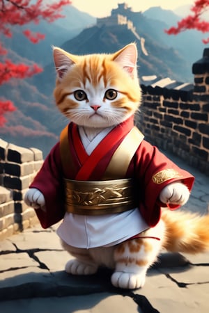blurry great wall background, a kitty, wearing a hanfu, golden belt, long red scarf, scarf floating by breeze, standing, playing kongfu