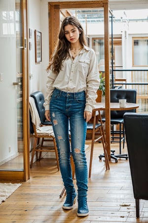 1girl, solo, long hair, looking at viewer, brown hair, shirt, long sleeves, holding, brown eyes, jewelry, standing, jacket, full body, white shirt, open clothes, shoes, glasses, pants, indoors, necklace, black footwear, blurry, cup, lips, torn clothes, blurry background, chair, table, standing on one leg, denim, holding cup, jeans, realistic, disposable cup, torn pants, photo background, restaurant, torn jeans