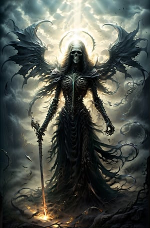 A seductive Angel of Death wielding a pair of scythes, enshrouded in shadows with a hint of ethereal light, sets the stage for a captivating scene in the style of Surrealism and Jeff Widener's atmospheric imagery.,AngelicStyle