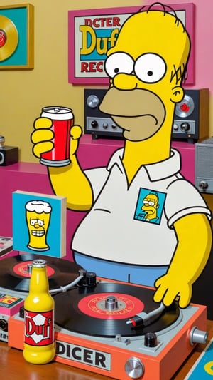 photo of Homer Simpson with a duff beer listening to a record player 