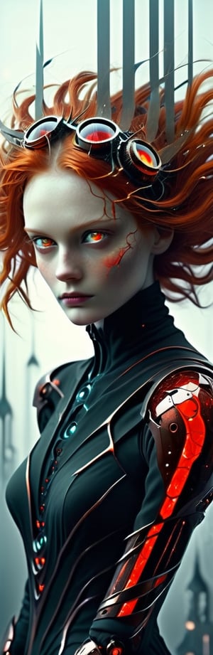 Orphism, Flicker, Retrogore, Fragmented Fashion, Sleek, bright red eyes, red hair, Simple,DonMCyb3rN3cr0XL 