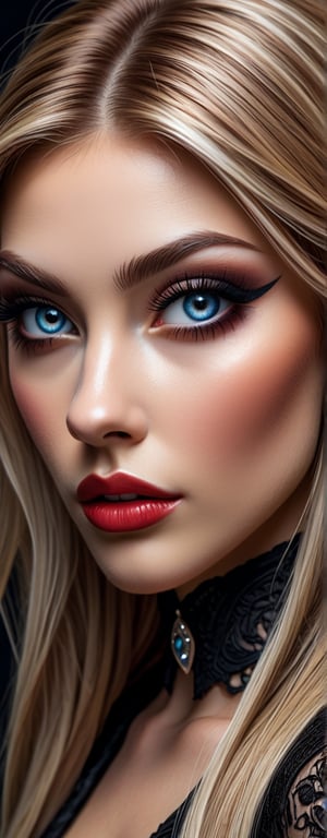 An intricate pencil drawing of whole figure brown hair with blonde highlights vampire girl figure a darkness red and black beautiful face blue eyes full of details beautiful body full of details many details, sharp focus, UHD photography, cinematic, 4k, trending on artstation, sharp focus, studio photo, intricate details, highly detailed, by greg rutkowski,vampire