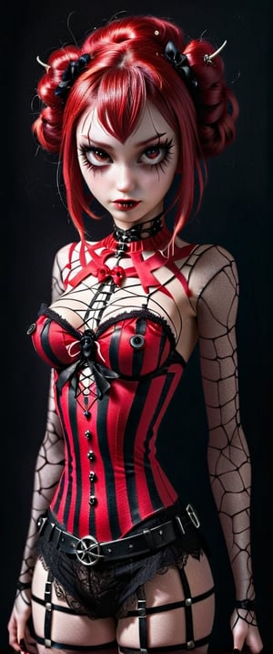 nsfw, nude, 21yo naked girl, bondage harness or lace lingerie, (masterpiece, top quality, best quality, highres) professional artwork, 1girl (monster girl, insectoid spider girl),pinup style, pinup model, 3d cartoon, dinamic pose, short red hair, pigtails with ribbons, insect legs growing in head, cute red face, no nose, multiple eyes, small mouth ((perfect female body, red skin, black arms with white stripes)), perky small breast, dark red lace miniskirt ribbons and bows with spider web motifs, long stockings with black and white stripes, black high heels, dark red spider webs in the backgound,SAM YANG,shodanSS_soul3142