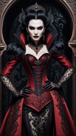 A seductive vampire in a sultry red ensemble, surrounded by the status of gothic seraphs, exudes an enchanting allure at Fangtasia's secret vampire lair. The scene is set in intricate rococo patterns, with feathery details and a silky serigraphy background that beautifully captures the old-world charm of the supernatural haven. teeth, fangs