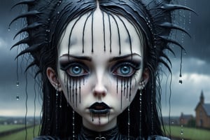 ((top quality)), ((masterpiece)) A crying european goth girl, long wet hair, face and hair covered entirely by raindrops, goth makeup, pouty lips,  detailed close-up, individual droplets converging to form her elegant silhouette, reflections within each droplet, moody lighting, background of a blurred, stormy sky, the contrast between the sharpness of the goth girl and the softness of the background, digital painting, highly detailed, ultra fine, dramatic lighting.,DonMDr4g0nXL,goth person
