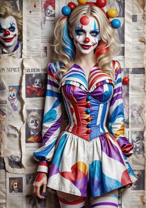 a seductive blonde woman It the clown with blue eyes in a white and purple striped outfit, with a teasing smile, newspaper background . Full_body ,mad-marbled-paper