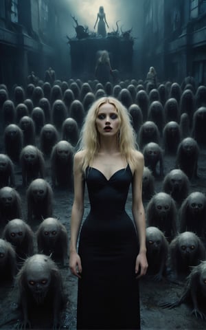 A beautiful blonde woman, stands defiantly amidst a nightmarish world teeming with malevolent creatures. Cinematic and grungy, this scene calls for the artistic vision of a David LaChapelle or Tim Burton.,monster,shadow