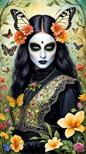 Create a promotional stereogram picture capturing the enigmatic figure of an androgynous goth, The Mask of Lost Innocence, in watercolor style. Ultra-realistic, soft lighting, 128k, (embrace of a shimmering butterfly, holding a mirror reflecting distorted self-image, surrounded by vibrant haunting flowers in a dreamlike garden setting. The use of surrealism and symbolism to evoke a sense of longing and introspection. 30% watercolor, 40% digital art, 30% photomanipulation. Incorporate elements of the ethereal and otherworldly, blending the lines between reality and fantasy. Detailed and rich in texture, capturing the complexity and depth of the subject's emotions. Delicate, intricate, and evocative. Prompt length ~115 chars.