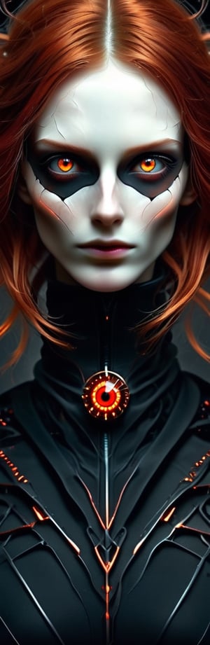 Orphism, Flicker, Retrogore, Fragmented Fashion, Sleek, bright red eyes, red hair, Simple,DonMCyb3rN3cr0XL 