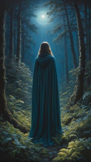 A stunning, hyper-realistic oil painting depicting a mysterious, ethereal forest filled with bioluminescent flora and fauna, under a moonlit sky, with a solitary figure, dressed in a cloak, emerging from the shadows, a sense of longing and wonder in her eyes, as she gazes upon the enchanting scene, surrounded by a halo of soft, glowing light. (Style: Bioluminescent)