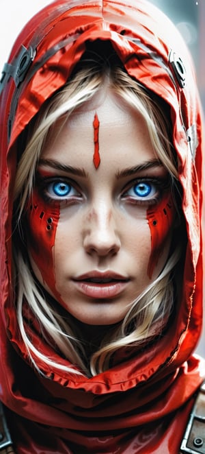 1girl,EA post apocalyptic portrait photo of a red hooded woman, (((front view))), blue eyes,beautiful female, beautiful face, with translucent lingerie armor,scientific illustration,white backgorund,alabaster skin,perfect face,