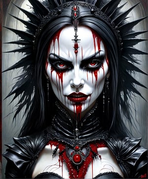 A horrifyingly beautiful, full-face portrait painting of a vampire woman with piercing white eyes, sharp fangs, and blood dripping from her mouth in the stillness of an ultrarealistic, intricately detailed habitat. Shrouded in the volumetric lighting of the void, her features exhibit insane details, natural feather structure, and octane render textures. The vampire's eerie allure is amplified by her 8k high-definition, Halloween-themed masterpiece, inspired by the works of Caravaggio, artgerm, greg rutkowski, and alphonse mucha, and imbued with the dark essence of the artists Neil Blevins and Keith Thompson.,goth person,DonMDr4g0nXL