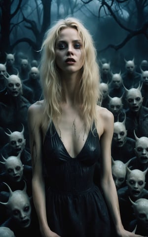 A beautiful blonde woman, stands defiantly amidst a nightmarish world teeming with malevolent creatures. Cinematic and grungy, this scene calls for the artistic vision of a David LaChapelle or Tim Burton.,monster,shadow