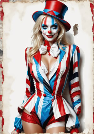 a seductive blonde woman It the clown with blue eyes in a  revealing white and red striped outfit, with a teasing smile, newspaper background . Full_body ,mad-marbled-paper