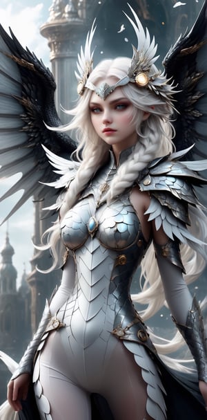 1 girl, (mastery), fully armed Valkyrie, albino angel girl, sleepy smoky eyes, long flowing transparent white hair, (white braid), narrow pupils, very good figure, white tights, ( Long and complex wings: 1.2), divine light descends,
The best quality, the highest quality, extremely detailed CG unified 8k wallpaper, detailed and complex,
, steampunk style, glass elements,dragon_anything