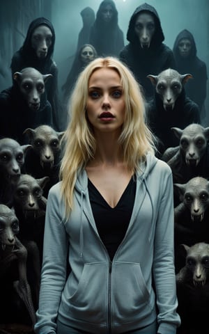 A beautiful blonde woman,open hoodie, stands defiantly amidst a nightmarish world teeming with malevolent creatures. Cinematic and grungy, this scene calls for the artistic vision of a David LaChapelle or Tim Burton.,monster,shadow