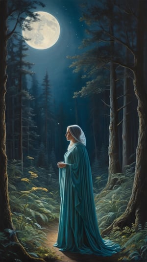 A stunning, hyper-realistic oil painting depicting a mysterious, ethereal forest filled with bioluminescent flora and fauna, under a moonlit sky, with a solitary figure, dressed in a cloak, emerging from the shadows, a sense of longing and wonder in her eyes, as she gazes upon the enchanting scene, surrounded by a halo of soft, glowing light. (Style: Bioluminescent)