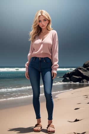 a (30year old) women,cute,blushed,(sandy blonde hair),blue eyes,wearing low cut v-neck pink sweater, no undershirt, tight jean pants and BROWN BIRKENSTOCK  SANDALS,medium breasts,((blake lively:0.3), (emily blunt:0.3), (kate beckisale:0.4)),italian background,dark theme,soothing tones,muted colors,high contrast,(natural skin texture, hyperrealism, soft light, sharp),((full body))