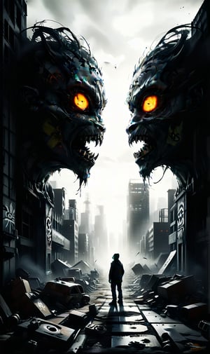 A gritty, metropolitan backdrop hosts a thought-provoking graffiti mural, Capitalism Consumes Its Young. The striking stencil artistry, reminiscent of Haïd & Elf's style, leverages Octane rendering to create an immersive, Unreal Engine-inspired atmosphere. Framed by a cityscape's concrete pillars, the 3D-perspective artwork depicts a snarling, capitalist beast devouring its own offspring, its metallic scales glinting in the faint, urban lighting. The composition is dynamic, with bold brushstrokes and vibrant colors drawing the viewer's gaze into the heart of this dystopian scene.