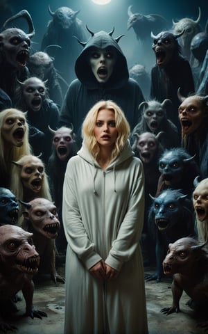 A beautiful blonde woman,open hoodie, stands defiantly amidst a nightmarish world teeming with malevolent creatures. Cinematic and grungy, this scene calls for the artistic vision of a David LaChapelle or Tim Burton.,monster