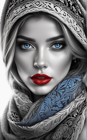 Pencil illustration, black and white, girl adorned with a scarf, her makeup enhancing her features, filigree adding elegance, (((shiny blue eyes, shiny red lips))), octane rendering, ultra-detailed, hyper-realistic, high quality masterpiece, shadows and textures creating depth and dimension, chiaroscuro effect, intricate details captured in each strand of hair and stitch of the scarf.