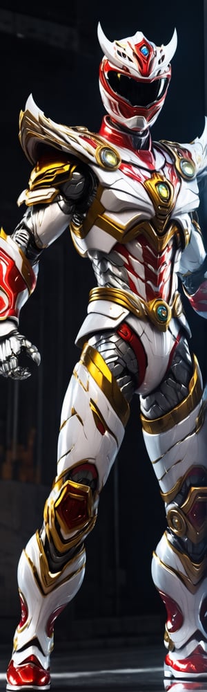 Angry white power ranger mecha robo soldier character, anthropomorphic figure, wearing futuristic white soldier armor and weapons, reflection mapping, realistic figure, hyperdetailed, cinematic lighting photography, 32k uhd with a golden staff, red lighting on suit, 

By: panchovilla,mecha