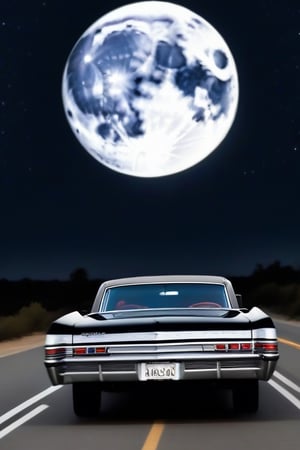 67 impala, black, driving down a road, full moon at end of the road, night sky