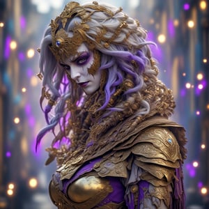 (masterpiece), 1 girl, cosplay of the Hellequin woman from Assassins Creed 3 in surreal style, 8k quality image,glare in his eyes, (full body)majestic image design,with golden and purple female costume, aesthetic golden mask and golden weapons, effects with intense vivid colors that highlight the figure of the Hellequin, detailed particle background, film still, HZ Steampunk,more detail XL,DonMD34thM4g1cXL,Cinematic ,IMGFIX,<lora:659095807385103906:1.0>,<lora:659095807385103906:1.0>