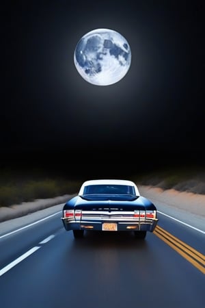 67 impala, black, driving toward you, full moon at end of the road, night sky