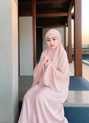 japanese  girl 25 years old, beautiful, hijab, long dress, background mosque. sunset