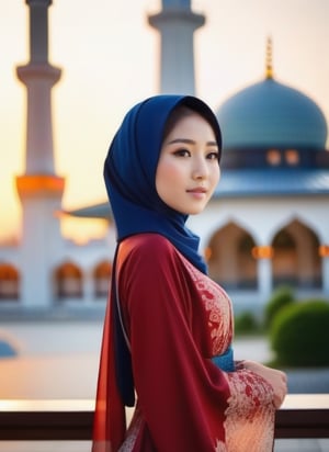 japanese  girl 25 years old, beautiful, hijab, long dress, background mosque. sunset