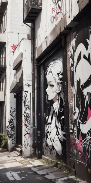  graffiStyle, soft lines, (Graffiti of Morgana, random pose, closu up, side view: 1.2) (black_and_white hair:1.2), (street art, graffiti:1.1), abstract, masterpiece, high quality, high_res, high contrast, vibrant, detailed,