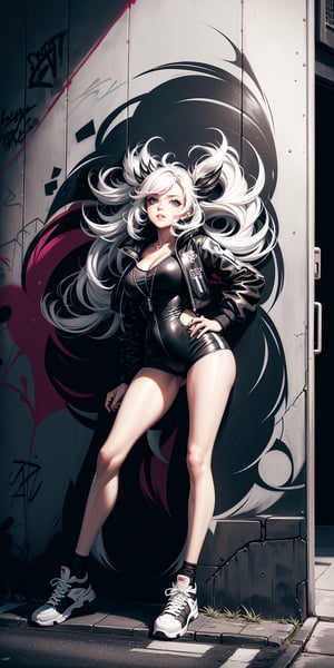  graffiStyle, soft lines, (Graffiti of Morgana, random pose, full body: 1.2) (black_and_white hair:1.2), (street art, graffiti:1.1), abstract, masterpiece, high quality, high_res, high contrast, vibrant, detailed,