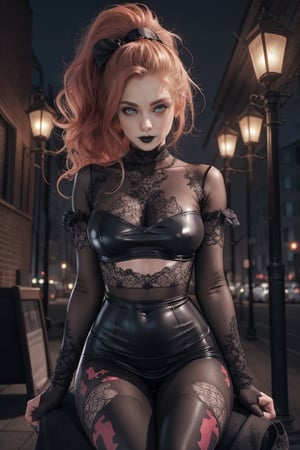 sexy_dress, big_decolette, sit_on_the_chair, widely_spaced_legs, touching_breasts,vamptech,goth girl,DonMC3l3st14l3xpl0r3rsXL, two_legs,Crop top overhang,modelshoot style,retro artstyle,horror,coverc,Frames,leggings,Detailedface,Makeup,girl