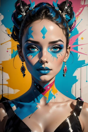 graffitiStyle, graffiti of a woman, incredibly beautiful, perfect facial features, upper body, graffiti style, street art style, prevail blue and black colors, vibrant, colorful, bold colors, perfect blended colors, created by Banksy, Bordalo, Bordalo II, Haring, Okamura, ROA, Cru, masterpiece, ultra realistic,  masterpiece, vibrant, abstract, surrealism, abstract, (elegant and beuatiful:1.5)
,Fantasy 